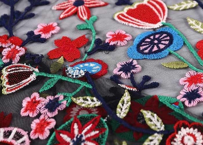 Black Colorful Flowers Embroidery Lace Hand Beaded Fabric For