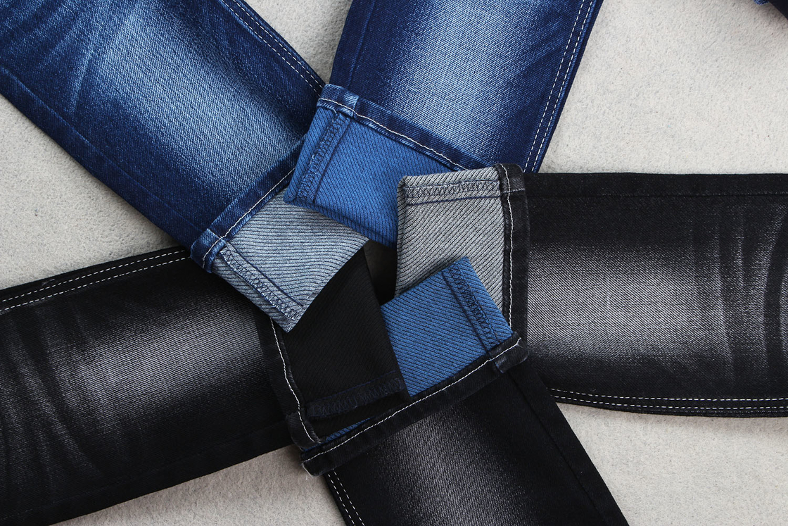 Colored Weft Stretch Denim Twill Fabric 59&quot; With Black Blue White Mixed Color In Back Side